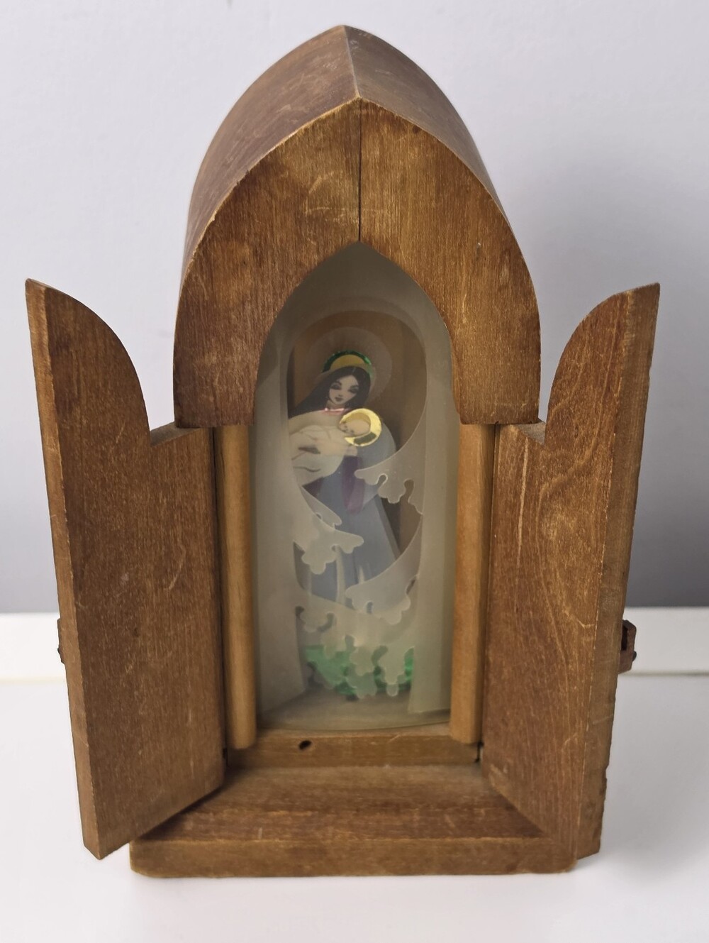 Wooden Triptych Music Box Figurine - Madonna & Child Gothic Shrine Cathedral
